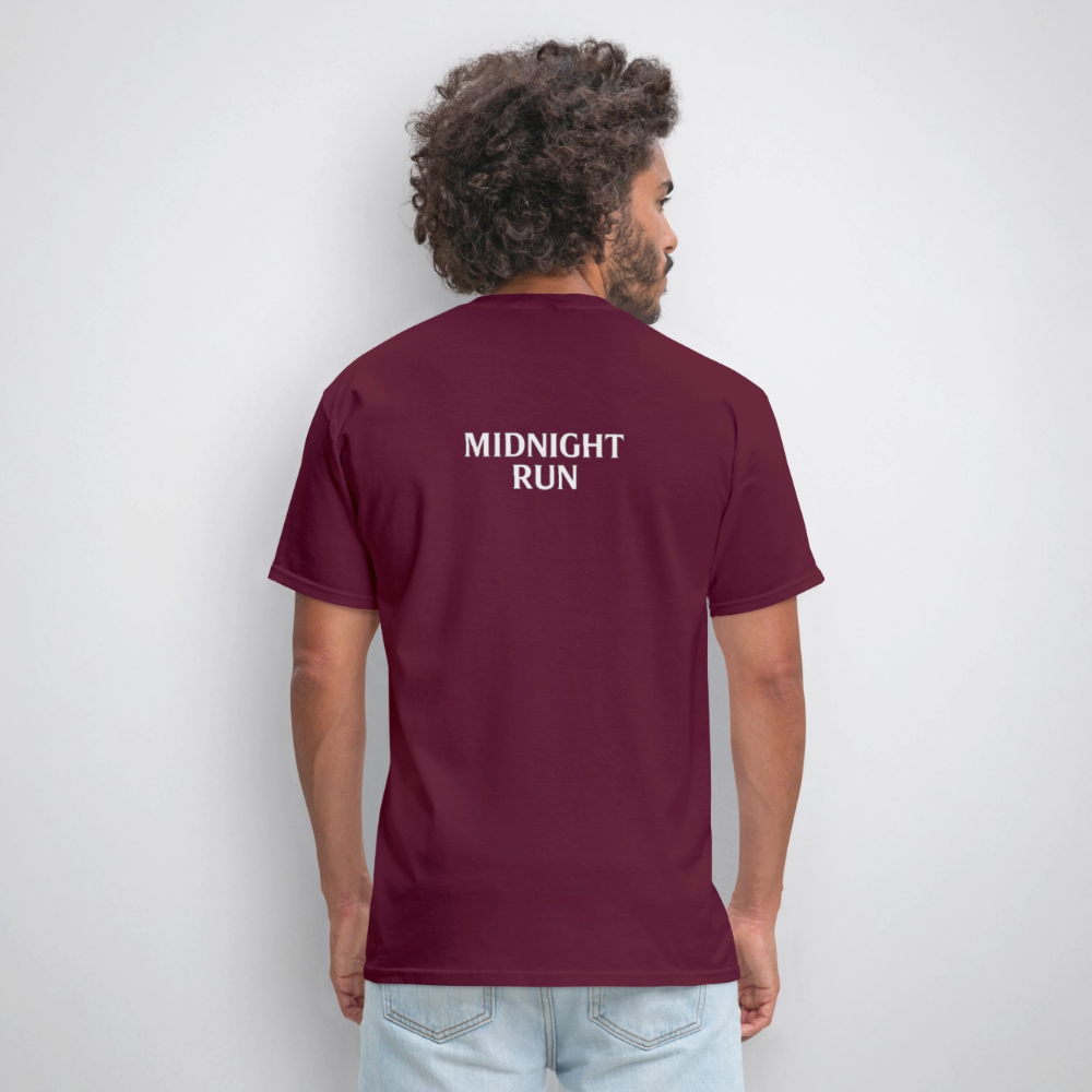 Midnight Run – Back Print Tee (White Text) - burgundy