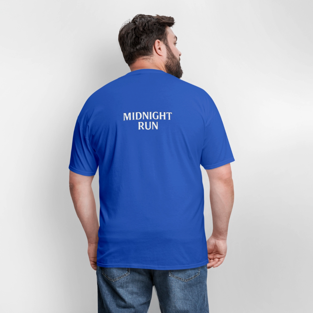 Midnight Run – Back Print Tee (White Text) - royal blue