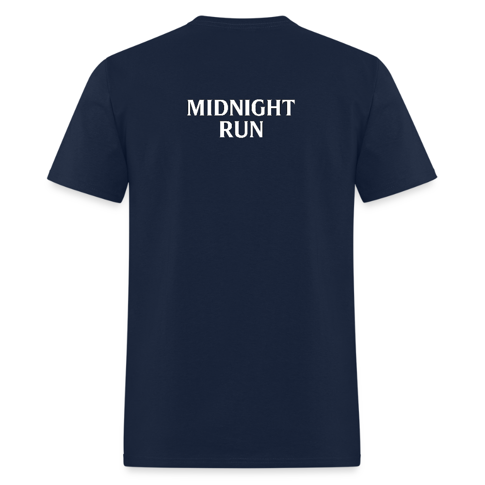 Midnight Run – Back Print Tee (White Text) - navy