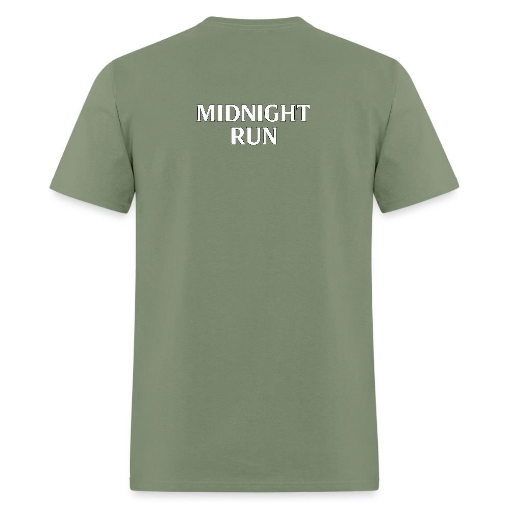Midnight Run – Back Print Tee (White Text) - military green
