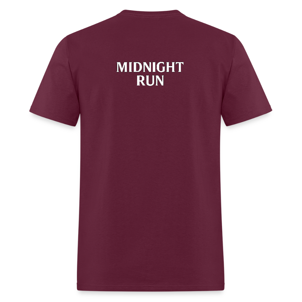Midnight Run – Back Print Tee (White Text) - burgundy