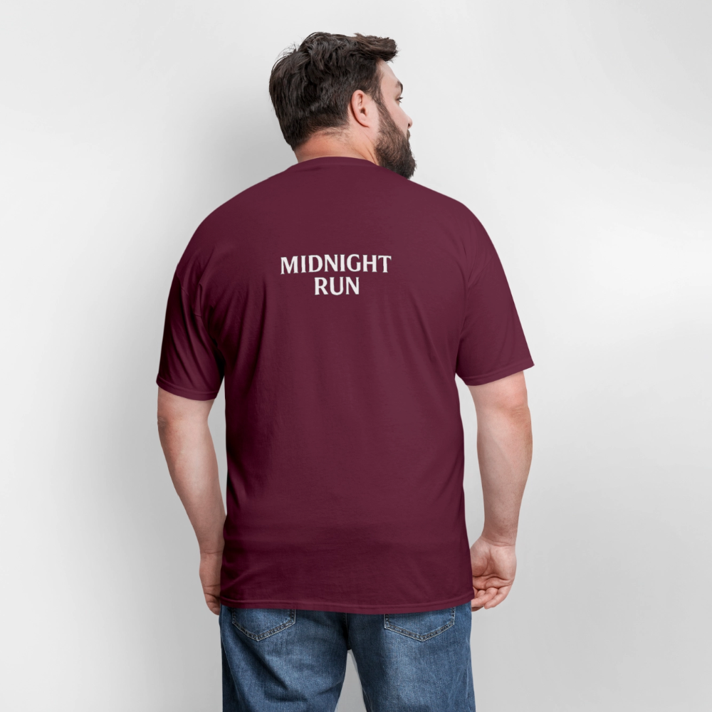 Midnight Run – Back Print Tee (White Text) - burgundy