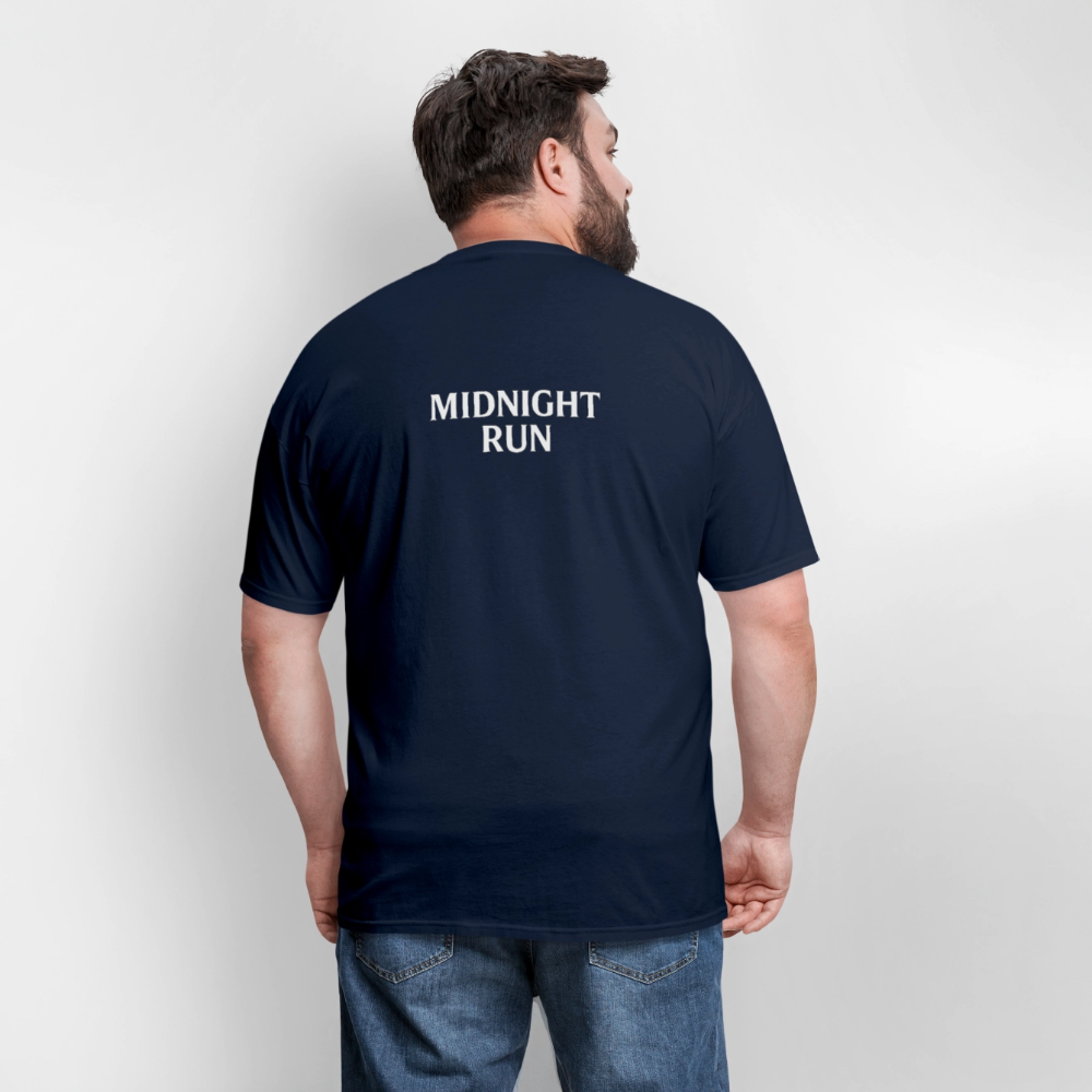 Midnight Run – Back Print Tee (White Text) - navy
