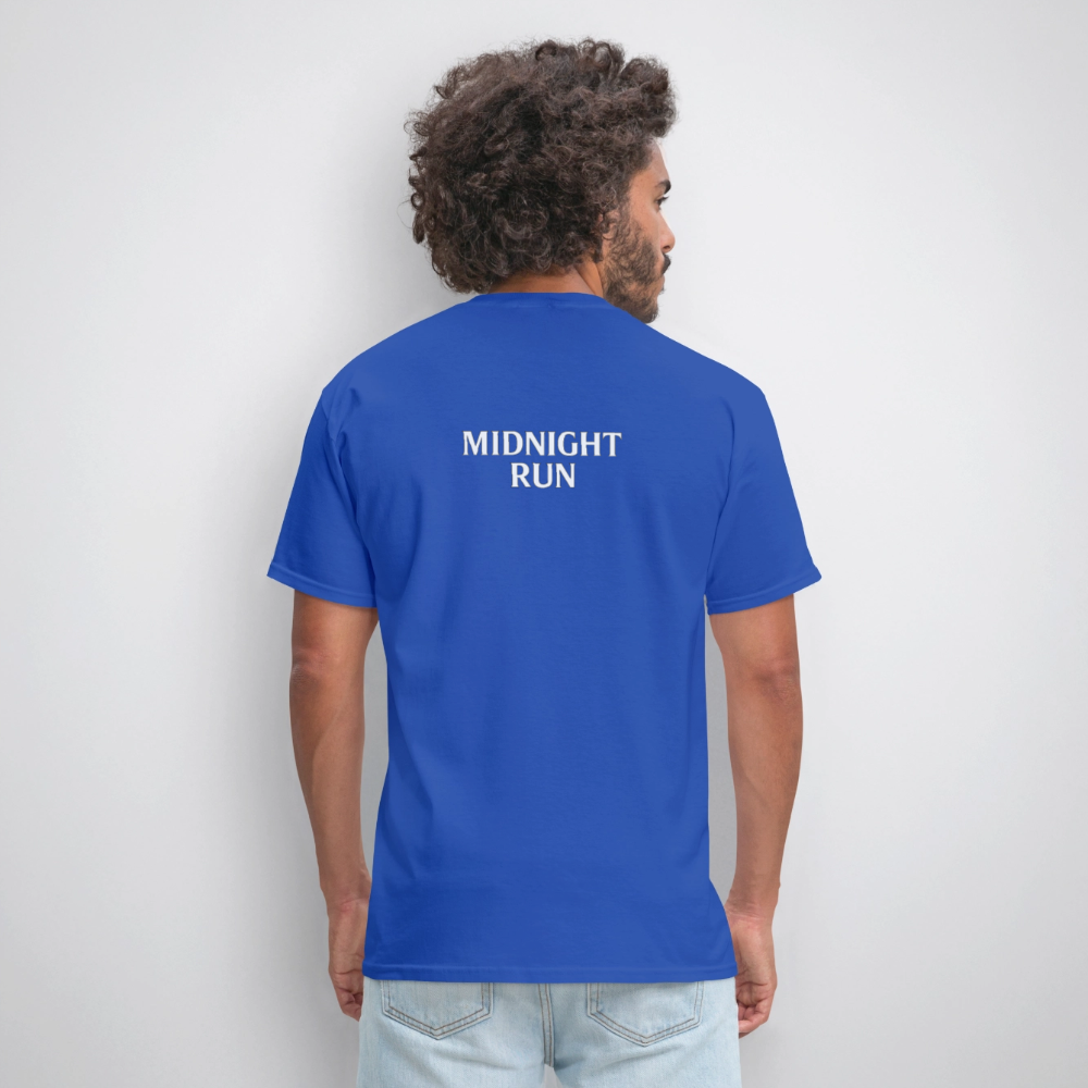 Midnight Run – Back Print Tee (White Text) - royal blue