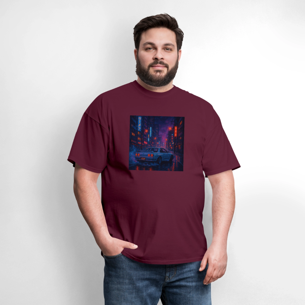 Midnight Run – Back Print Tee (White Text) - burgundy