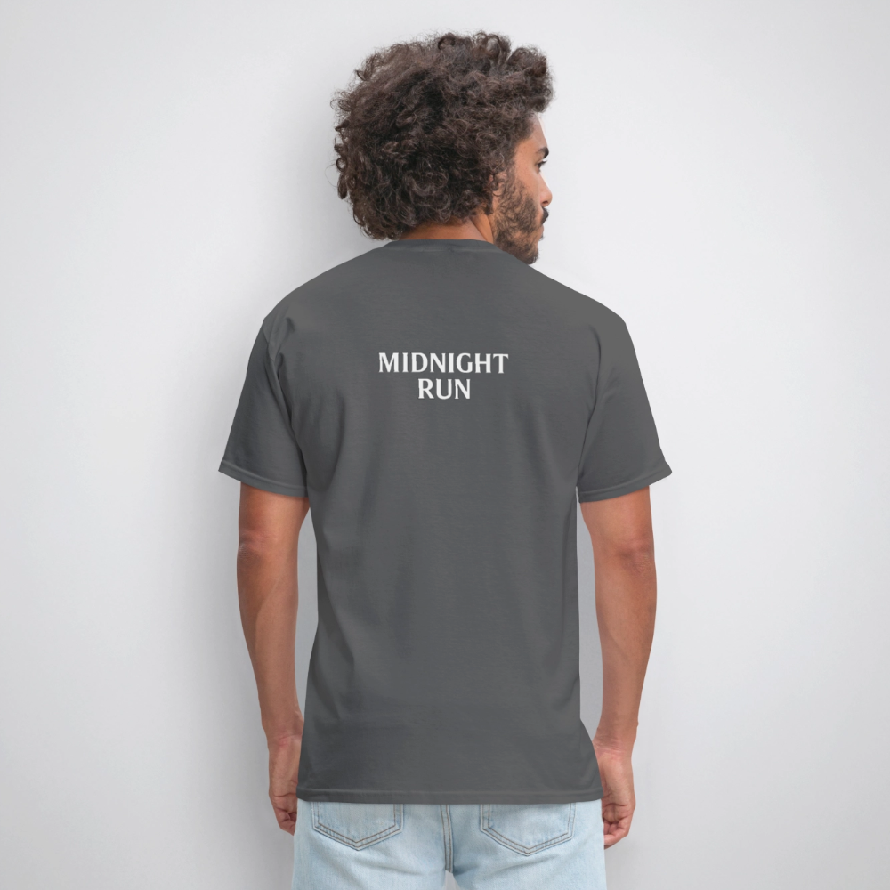 Midnight Run – Back Print Tee (White Text) - charcoal