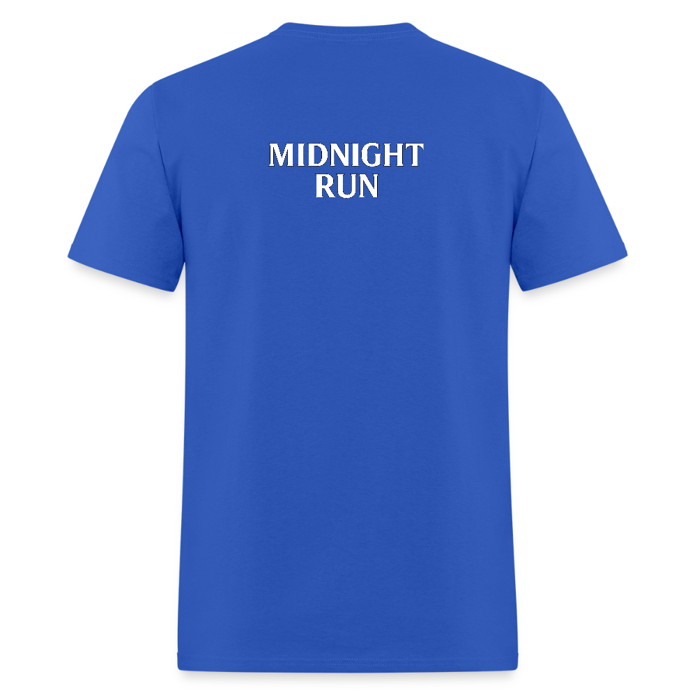 Midnight Run – Back Print Tee (White Text) - royal blue