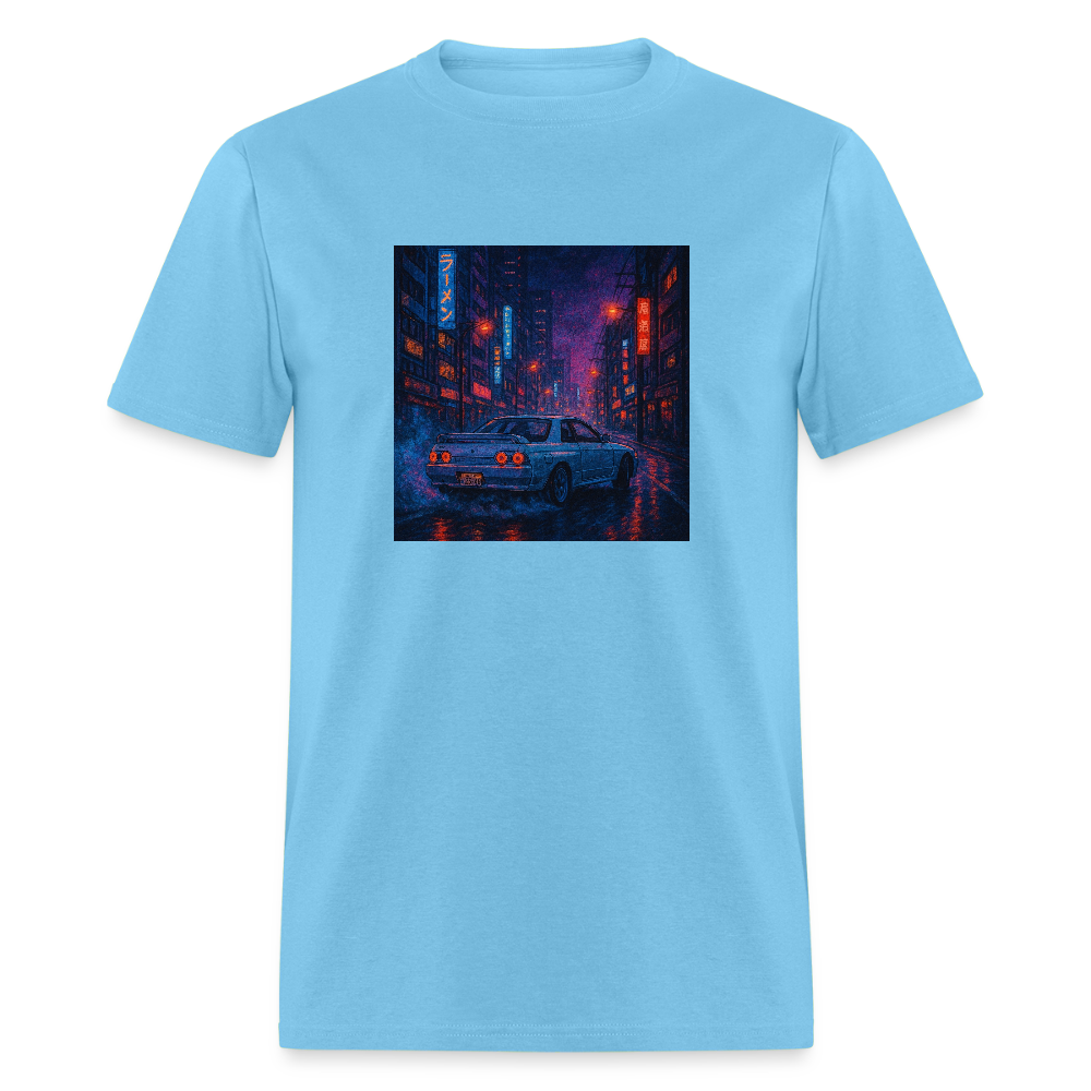 Midnight Run – Back Print Tee (White Text) - aquatic blue