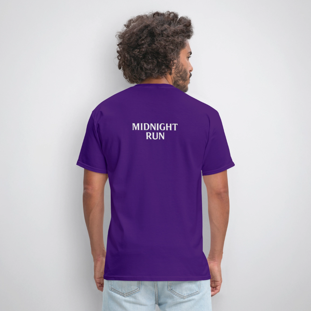 Midnight Run – Back Print Tee (White Text) - purple